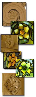 Samples of five-petal flower motif in stained glass windows and stone carvings